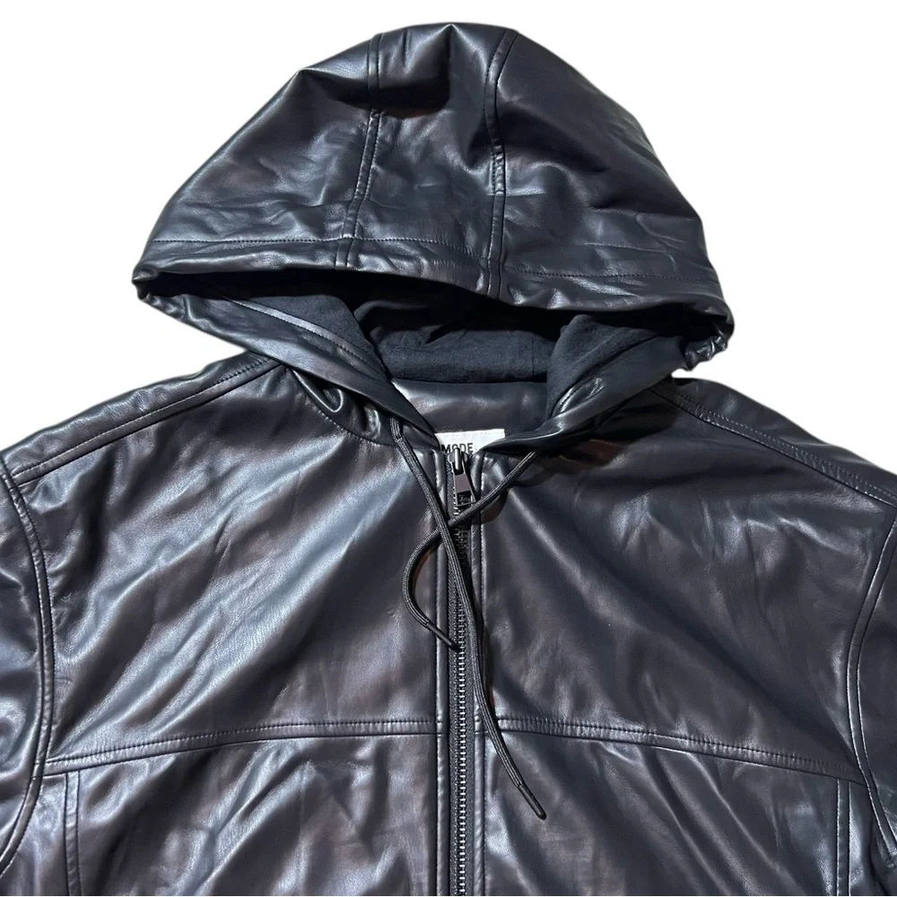 Mode of‎ One Black Faux Leather Hooded full Zip Jacket Men’s Small long sleeve